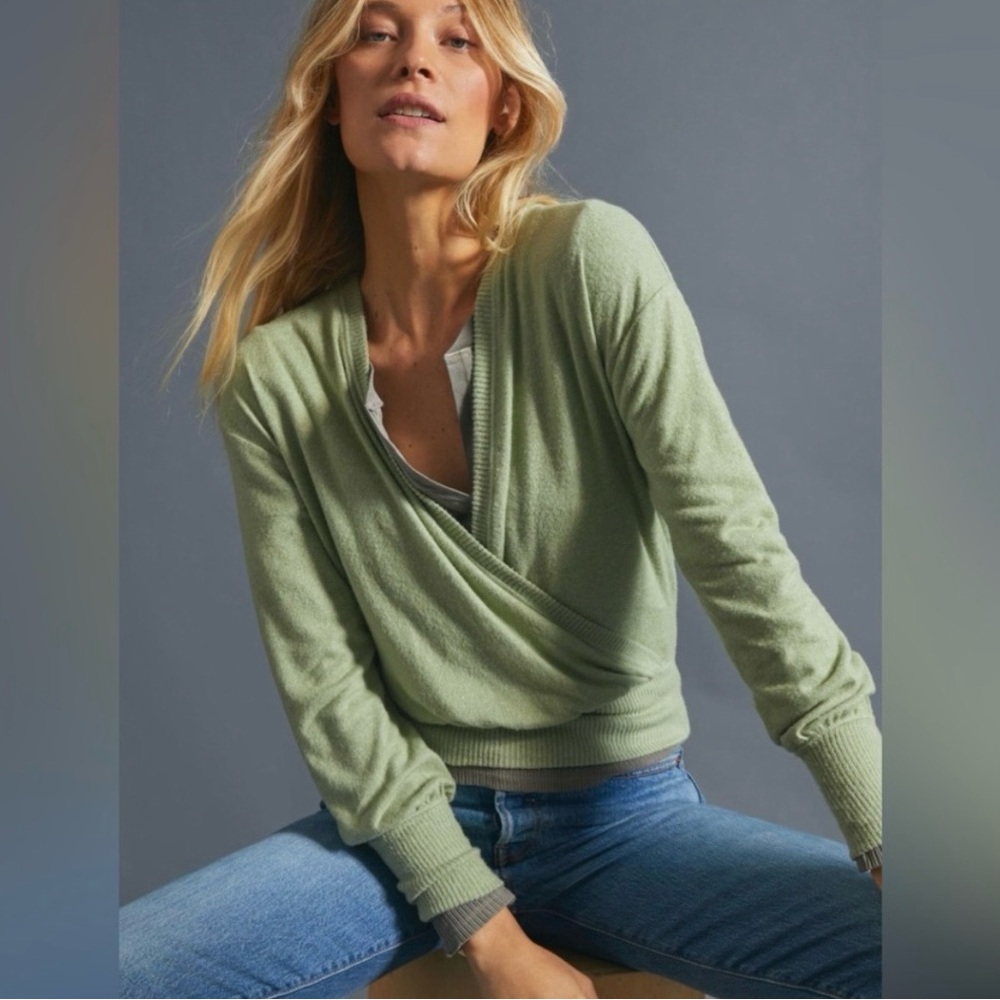 Anthropologie Sweater Womens M Wrap Crop Crossover Stretch Pastel Green Spring